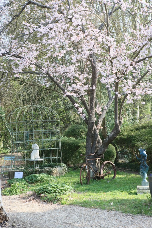 France, Haute Normandie, eure, vallee de la seine, giverny, ancien hotel baudy, restaurant, auberge, claude monet, jardin, fleurs, impressionnistes, peinture, jardin, arbres en fleurs, velo rouille, sculptures,