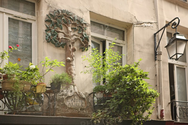 France, ile de france, paris 2e arrondissement, metro etienne marcel, 10 rue tiquetonne, l'arbre a liege, decor sur une facade, 
Date : 2011-2012