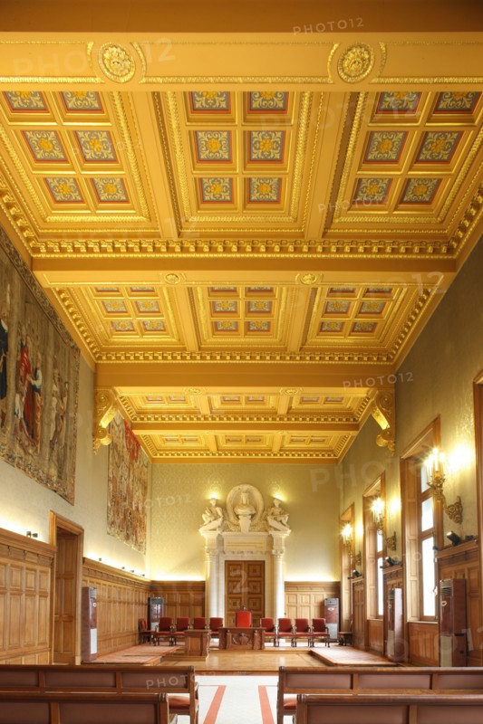 France, ile de france, paris 1er arrondissement, 13 rue cambon, palais cambon, cour des comptes, institution, etat, batiment grand chambre, detail plafond a caissons, 
Date : 2011-2012