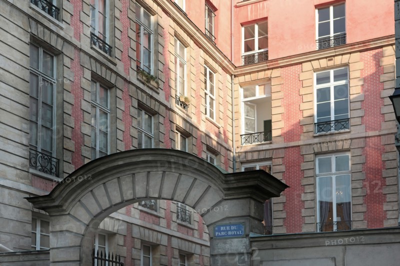 France, ile de france, paris 3e arrondissement, le marais, 4 rue du parc royal, facade sur rue de l'hotel de canillac, hotel particulier, 
Date : 2011-2012