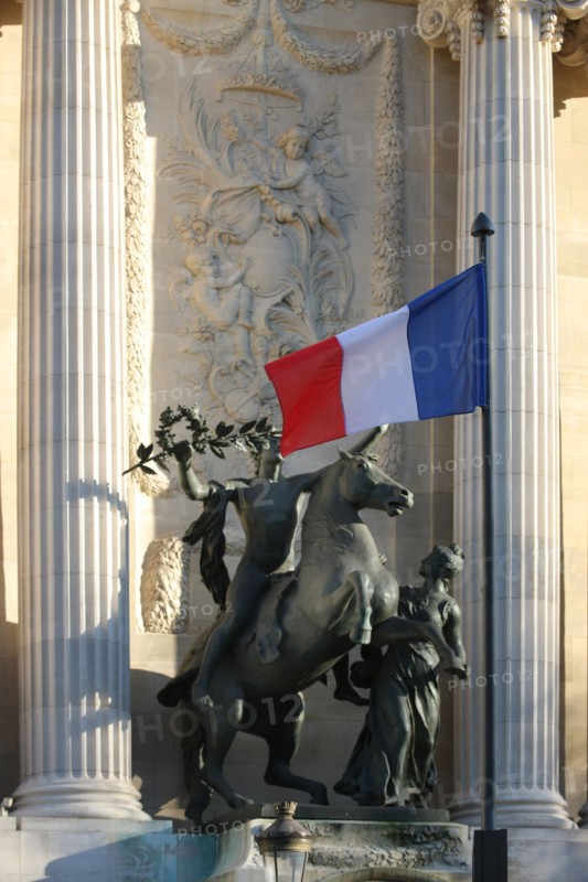 France, ile de france, paris 8e arrondissement, avenue franklin roosevelt, palais de la decouverte, facade sur rue, sculpture, drapeau francais

Date : 2011-2012