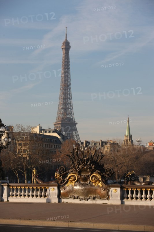 France, ile de france, paris 7e-16e arrondissement, pont alexandre III, seine, milieu du pont, tour eiffel,