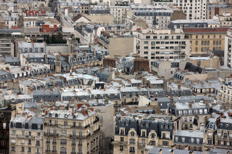 France, ile de france, paris 7e arrondissement, tour eiffel, interieur du monument concu par gustave eiffel, depuis le premier etage, panorama, toits,
