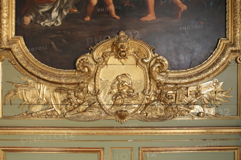 France, ile de france, paris 1er arrondissement, 39 rue croix des petits champs, banque de france hotel de toulouse dit aussi hotel de la vrilliere, galerie doree, galerie d'apparat, gouverneur, institution, detail des boiseries et tableau,