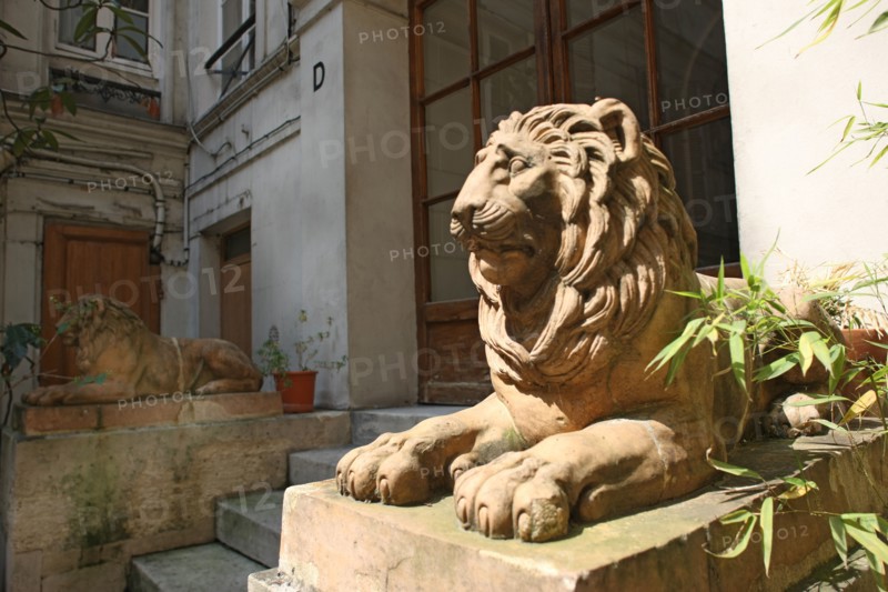 France, ile de france, paris 9e arrondissement, 20 rue saint lazare, cour, habitation, lions entourant l'escalier,
