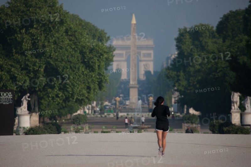 France, Region Ile de France, Paris, 1er arrondissement, jardin des Tuileries, vue vers l'obelisque de la place de la Concorde, et l'Arc de Triomphe de l'Etoile
