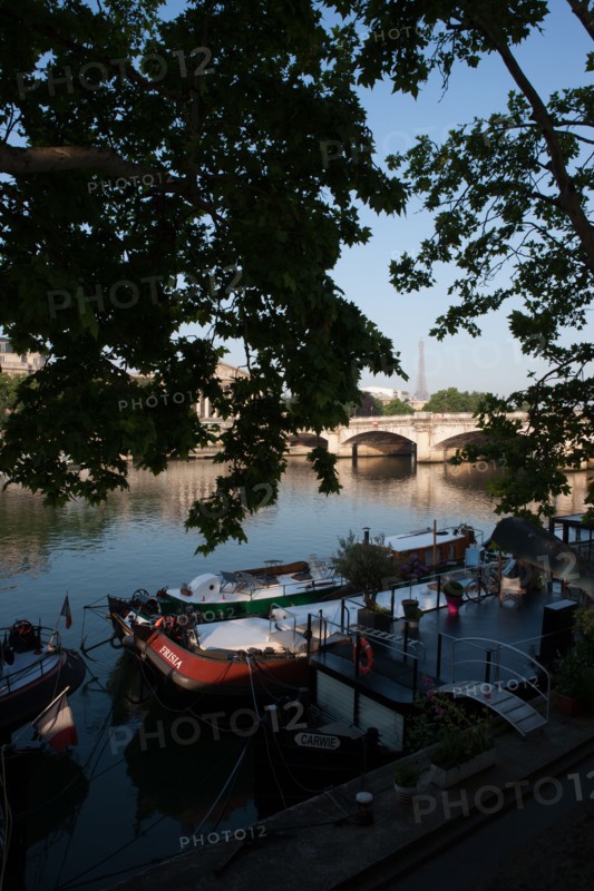France, Region Ile de France, Paris 1er arrondissement, la Seine, Quai des Tuileries, peniches, Tour Eiffel au loin