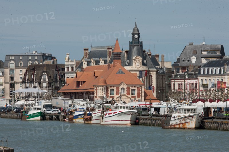 France, region Basse Normandie, Calvados, Trouville sur Mer, Cote fleurie, port de peche, plaisance, bateaux, la Touques (fleuve cotier), panorama,