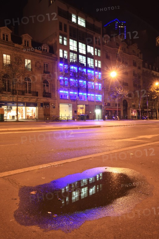 France, Region Ile de France, Paris 14e arrondissement, Montparnasse, boulevard du Montparnasse, tour, immeubles, facade, matin, fin de nuit, eclairage, reflet, flaque d'eau,