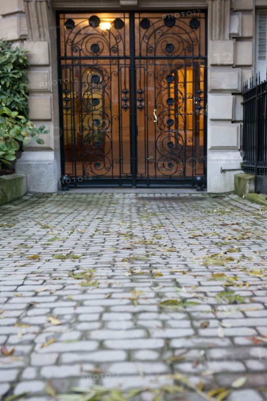 France, Region Ile de France, Paris 16e arrondissement, avenue du President Wilson, trottoir, feuilles mortes, entree d'immeuble, porte, matin,