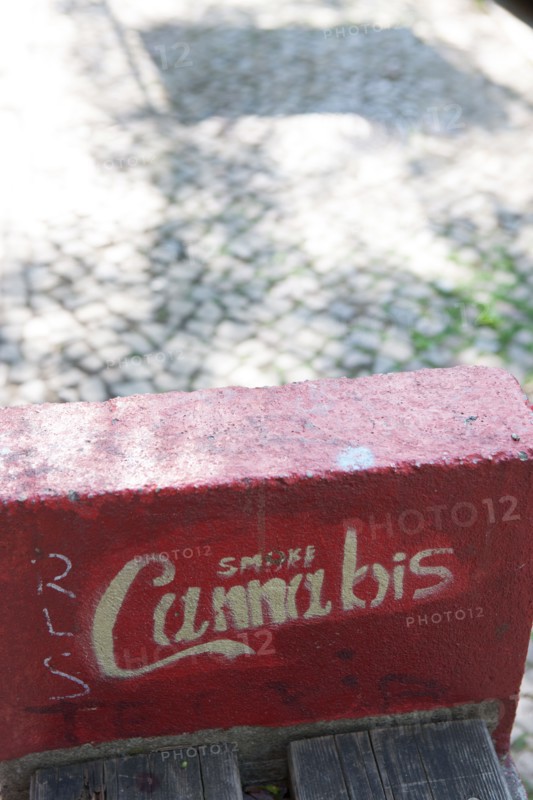 Allemagne (Germany), Berlin, Prenzlauer Berg, rue, graffitis subversifs, detournement de la typographie Coca-Cola pour smoke cannabis,