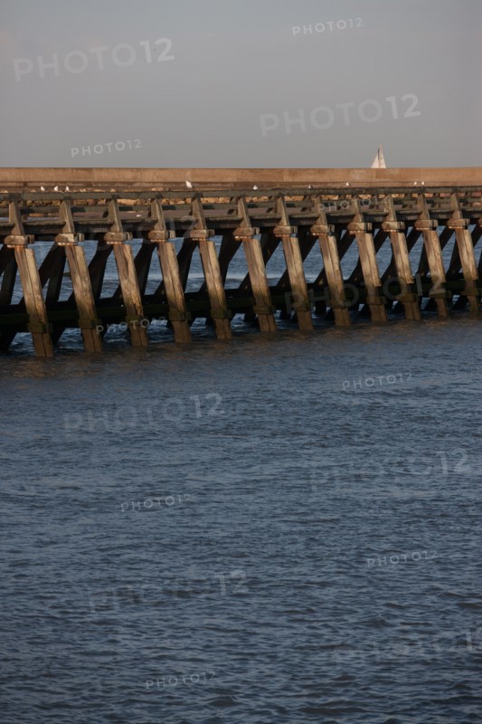 France, region Basse Normandie, Calvados, Cote fleurie, Trouville-sur-Mer, plage, jetee, estacade, phare, mer