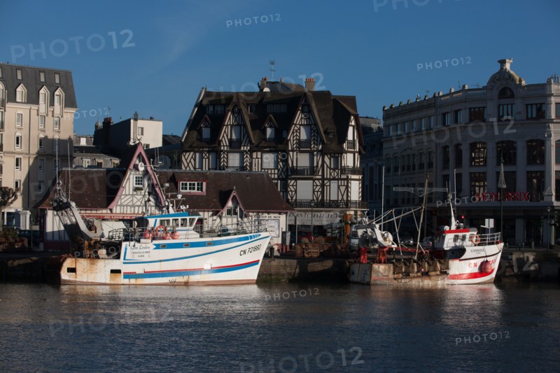 France, region Basse Normandie, Calvados, Cote fleurie, Trouville-sur-Mer, port, chalutiers a quai, mouettes, eau, la Touques,
