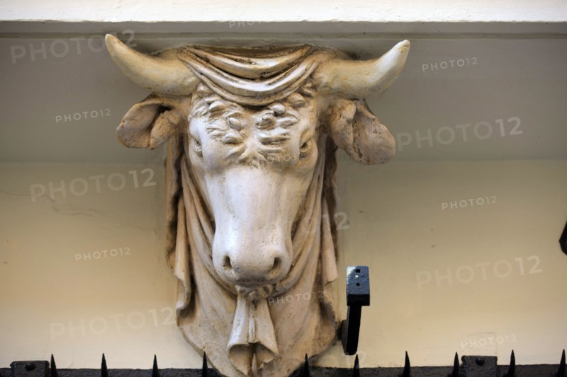 France, Ile de France, Paris 3e arrondissement, Le Marais, 67 rue de Turenne, detail de tete de taureau soutenant le balcon, facade sur rue, immeuble, ancienne boucherie sous le Premier Empire