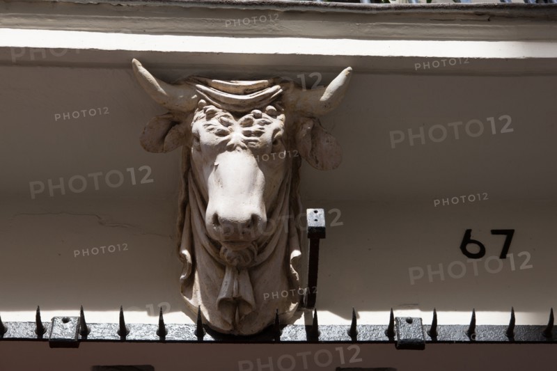 France, Ile de France, Paris 3e arrondissement, Le Marais, 67 rue de Turenne, detail de tete de taureau soutenant le balcon, facade sur rue, immeuble, ancienne boucherie sous le Premier Empire