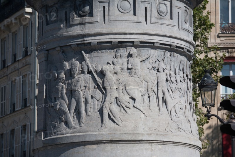 France, Ile de France, Paris 17e arrondissement, Place de Clichy, statue du marechal Moncey, sculpture, piedestal, relief representant la defense de Paris par Moncey a la barriere de Clichy, en 1814