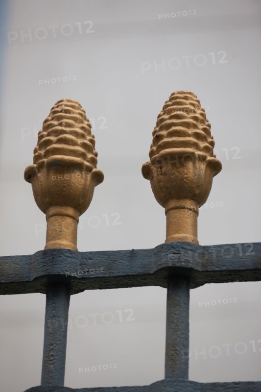 France, Ile de France, Paris 5e arrondissement, quai Saint-Bernard, detail de la grille de l'ancienne halle aux vins, pomme de pin, symbole des marchands de vin,