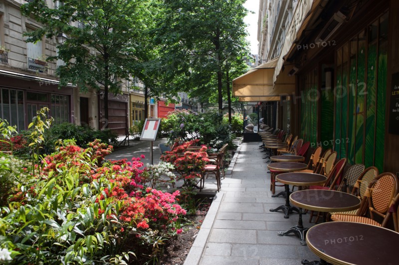 France, Région Ile de France, Paris 4e arrondissement, le Marais, Rue du Trésor, fleurs et terrasses,