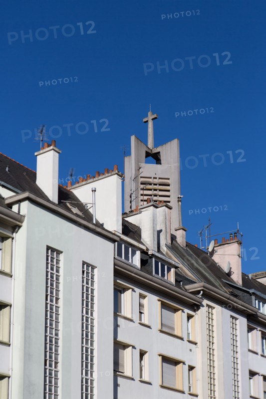 Lorient, Rue du Maréchal Foch and bell tower of the Saint Louis church