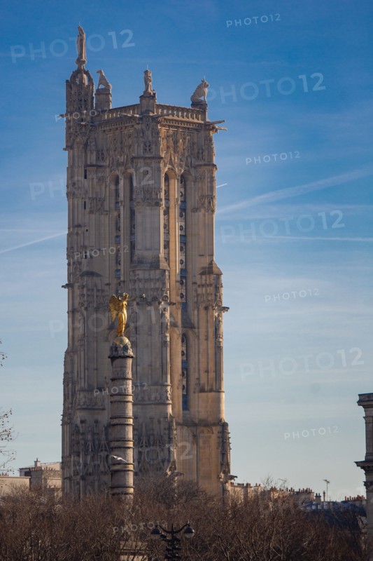 Paris, Saint-Jacques Tower and the column of the Fontaine du Palmier on the Place du Châtelet,
