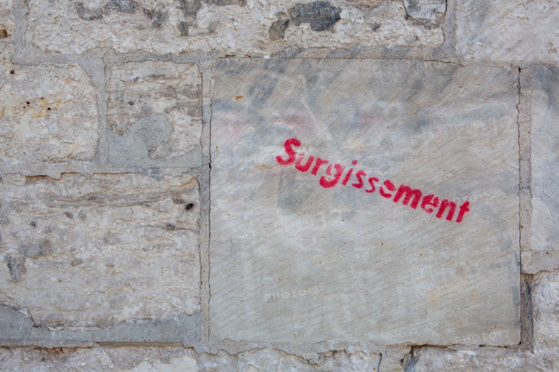 Rouen (Seine Maritime), stencil 'surgissement' tag