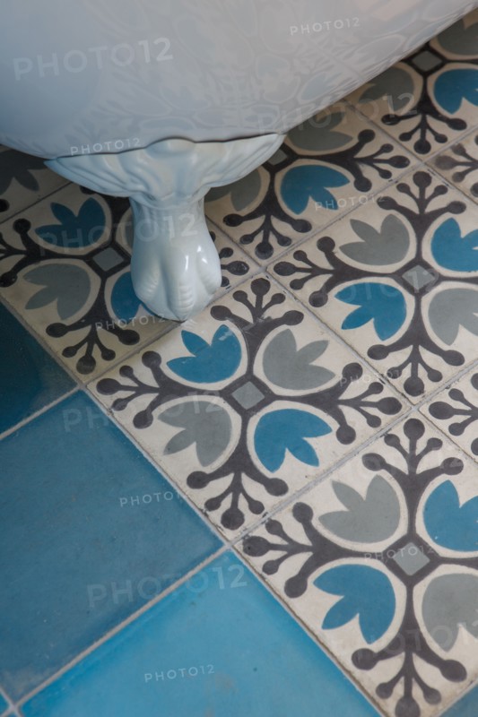 Cement tiles and old-fashioned bathtub base