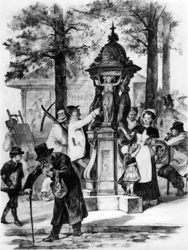 Paris in XIXe century Scene of street Wallace Fountain -