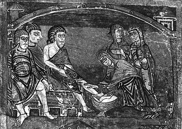 La vie de Sainte Radegonde. Elle lave les pieds aux pauvres.