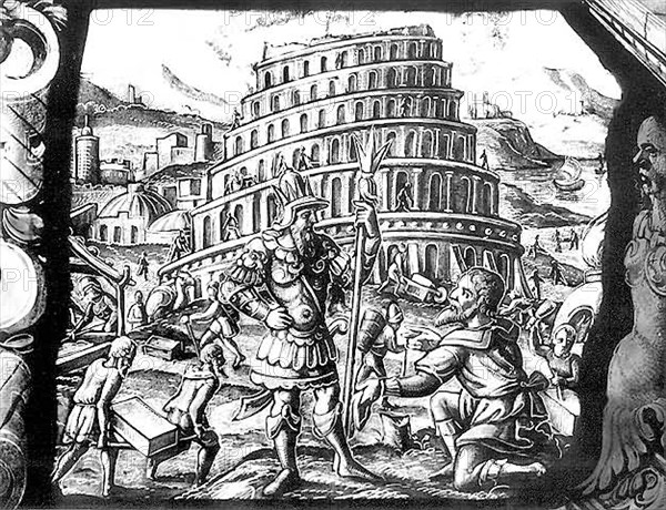 Stained glass window: the Tower of Babel