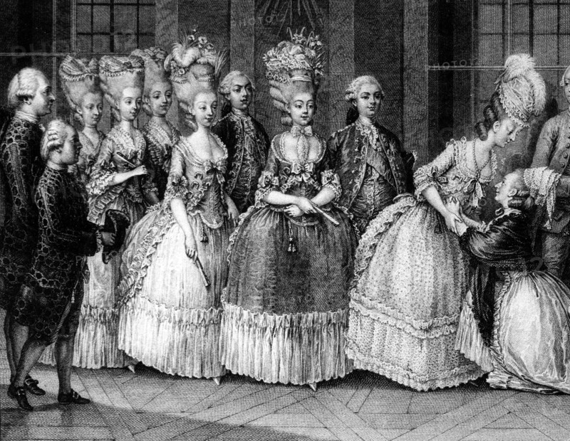 Ladies of the palate of the queen Marie-Antoinette. Versailles 1777.
