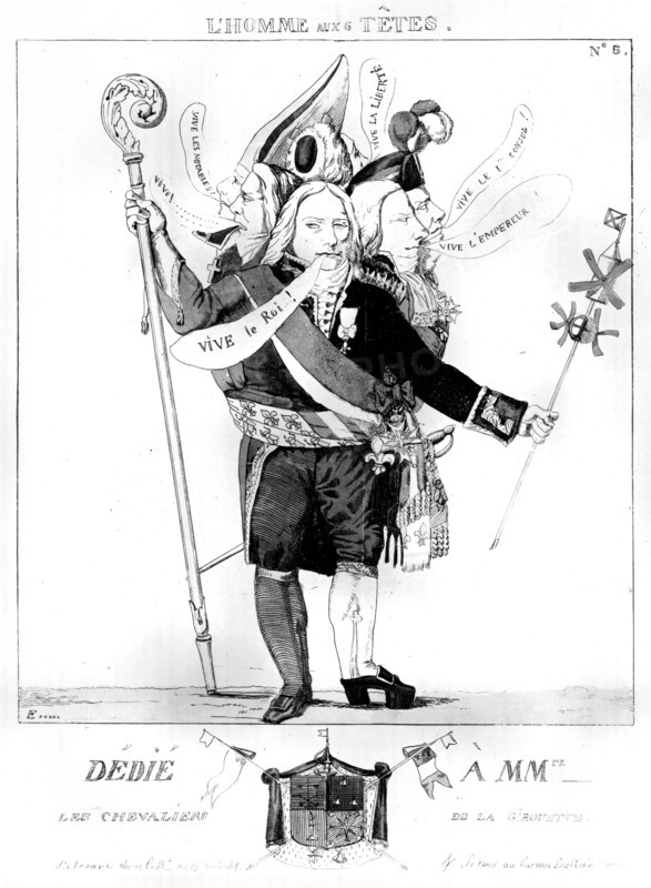 Caricature of Talleyrand (1815).  The man with the six heads.