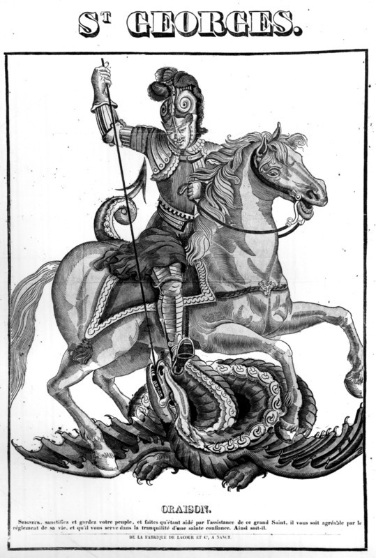 Saint Georges embanking the dragon.  Popular engraving of Lacour.