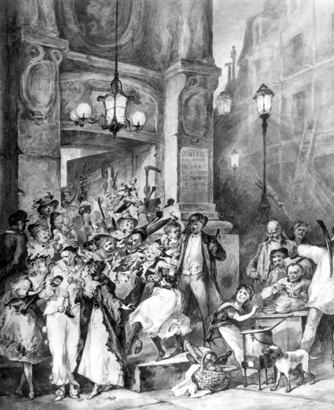 Sortie d'un bal populaire masqué.