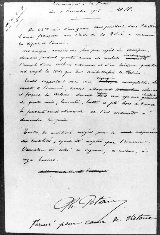Communiqué à la Presse, le 11 novembre 1918, signé de Philippe Pétain.