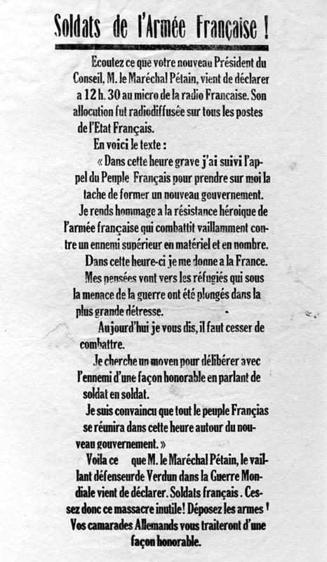 20 juin 1940 . Discours radiodiffusé du maréchal Pétain.