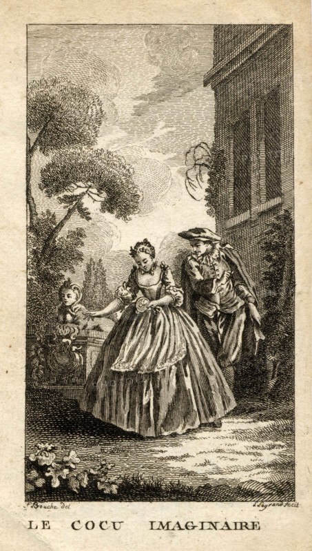 Engraving of XVIIIe century.  Scene of the Imaginary Cuckold of Molière.