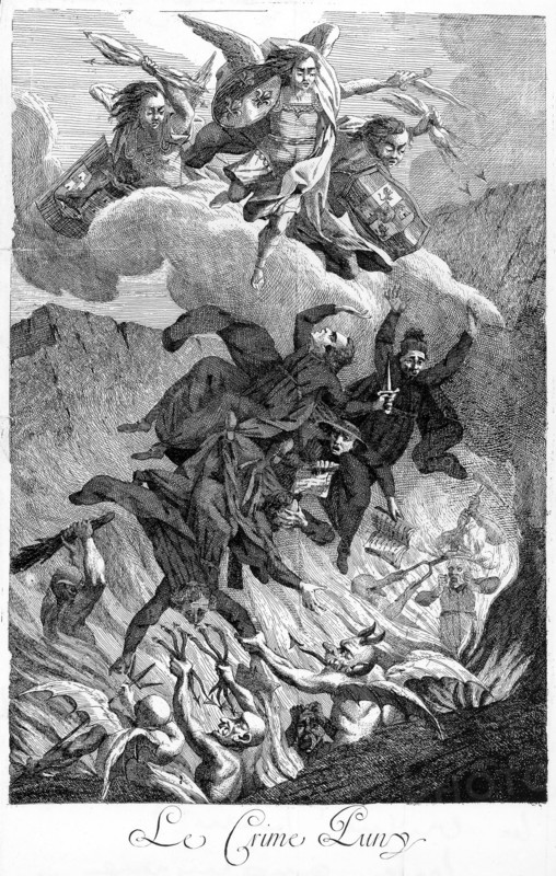 1754. Allegorical engraving against the Jesuits: " the crime punished".