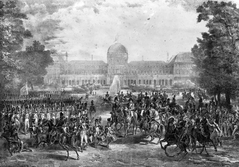 Napoleon I looks over his army at the Tuileries.