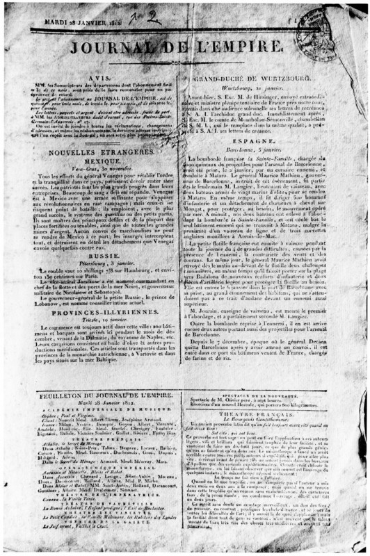 Premier Empire. Mardi 28 janvier 1812. La Une du Journal de l'Empire.