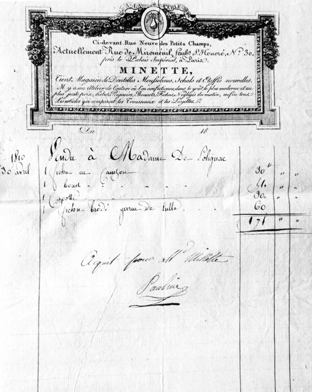 Premier Empire. Facture concernant la duchesse de Polignac.