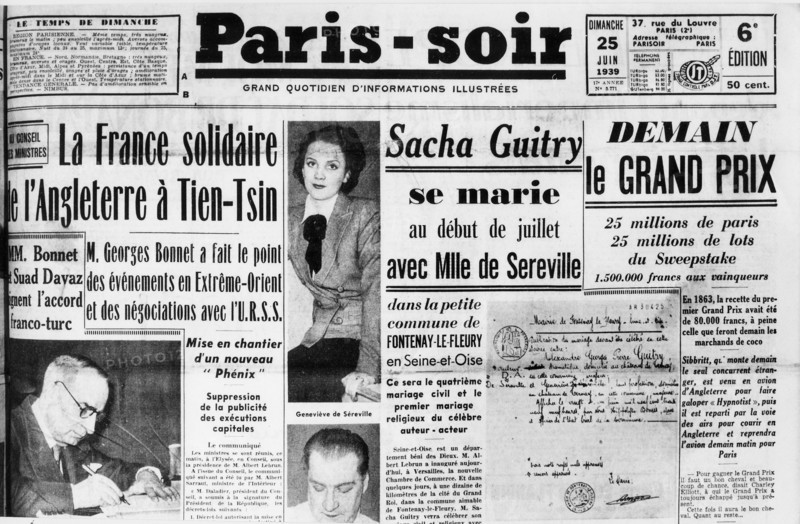 25 juin 1939. Manchette de Paris-Soir. Mariage de Sacha Guitry.