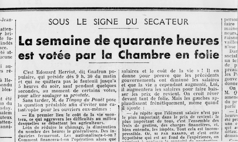 1937. L'Action Française : " La semaine de quarante heures ".