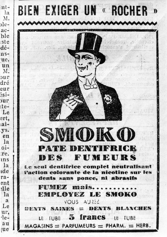 Publicité dans la presse pour Smoko, " pâte dentifrice des fumeurs ".