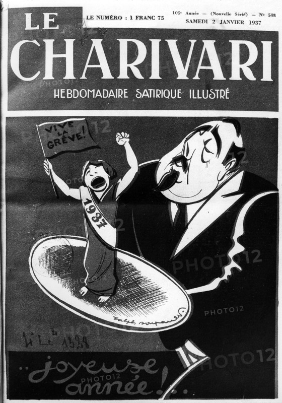 Couverture du Charivari. " Joyeuse Année ! Vive la Grève !". 1937
