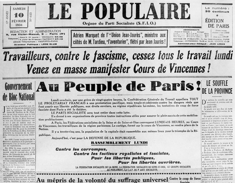 10 février 1934. Manchette de " Le Populaire ". Appel au peuple de Paris.