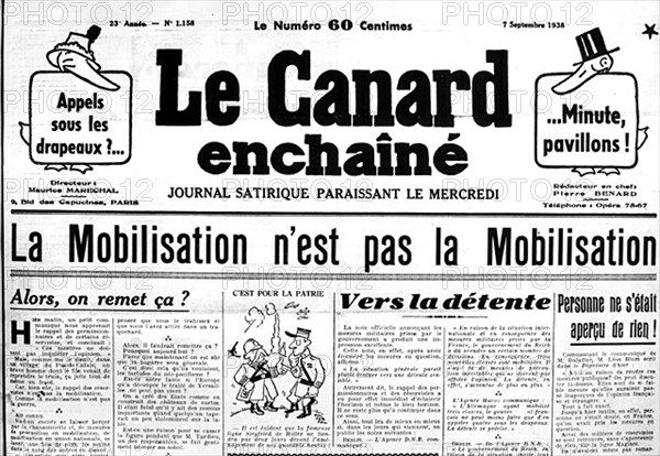 7 septembre 1938. Manchette du Canard Enchaîné : la Mobilisation.
