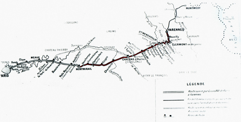 Map of the Varennes route, where Louis XVI was arrested