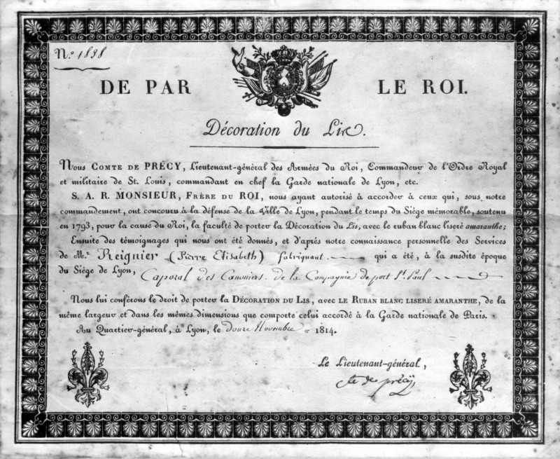 Parchemin de la Décoration de l'Ordre du Lys, signé par le comte de Précy