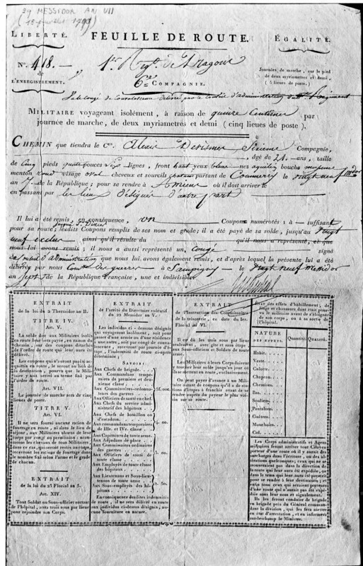 Feuille de route d'un soldat de la 6e compagne du 1er régiment de Dragons, datée du 29 Messidor, An VII
