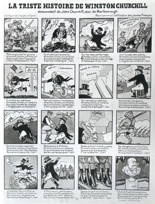 1941. "La triste histoire de Churchill". Image populaire distribuée aux acheteurs de journaux le 20 mai 1941 à Paris.